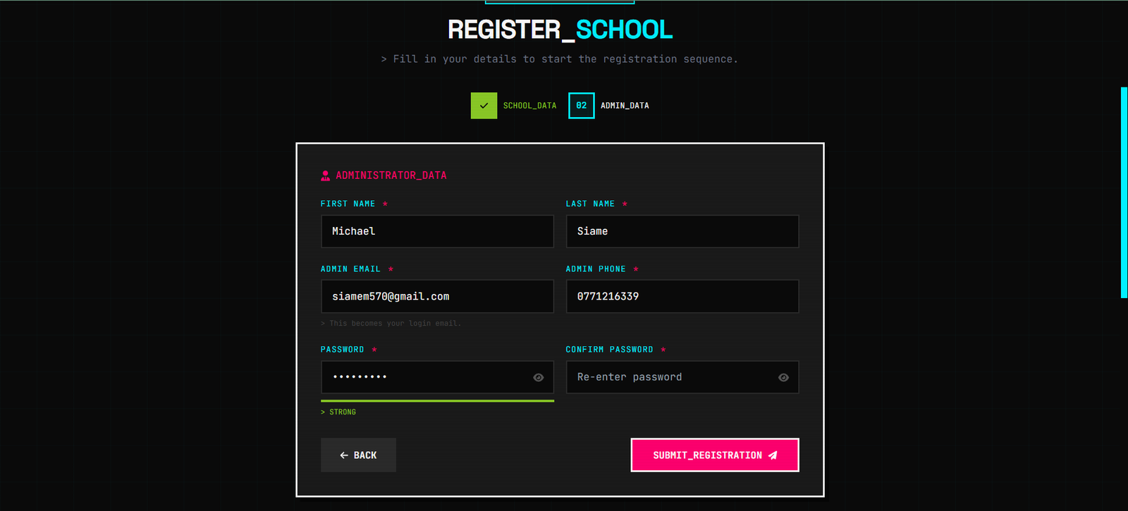 School Registration Step 2